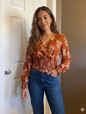 ROMWE Rust Floral Smocked V-Neck Blouse size L